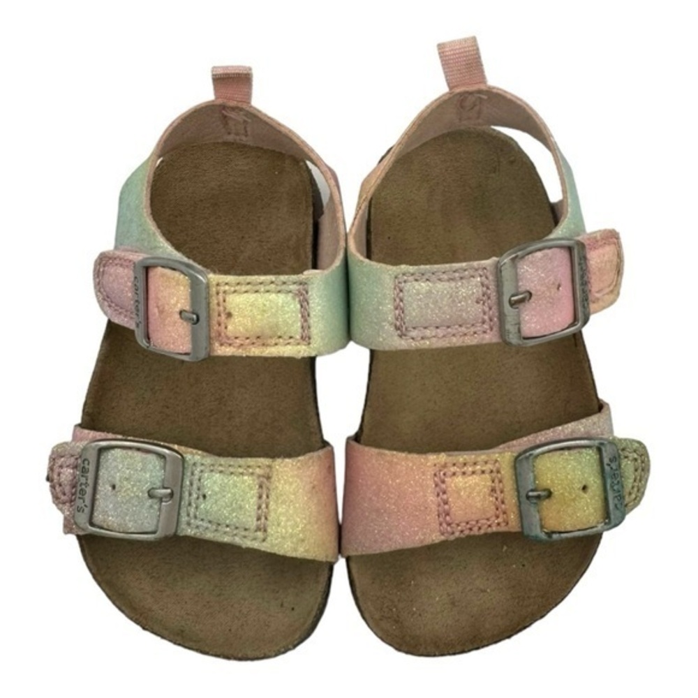 CARTERS Kid Buckle Faux Cork Sandals Rainbow Glitter Sparkle Toddler/Baby size 6
